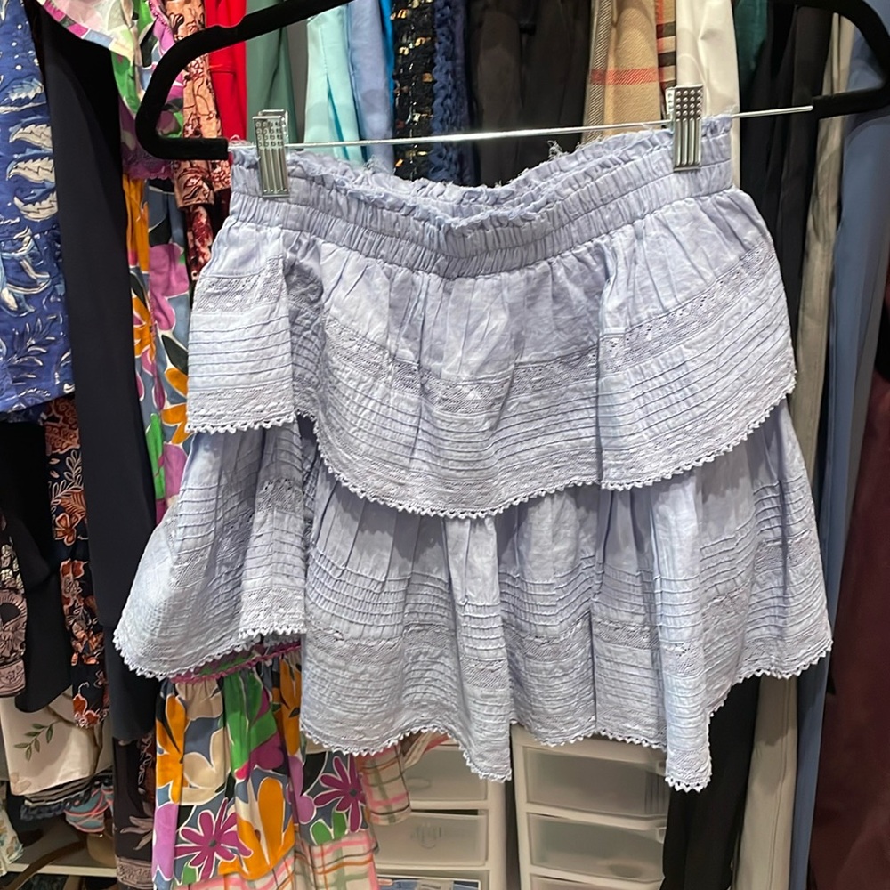 Love shack fancy mini tiered ruffle skirt size XS chambray blue